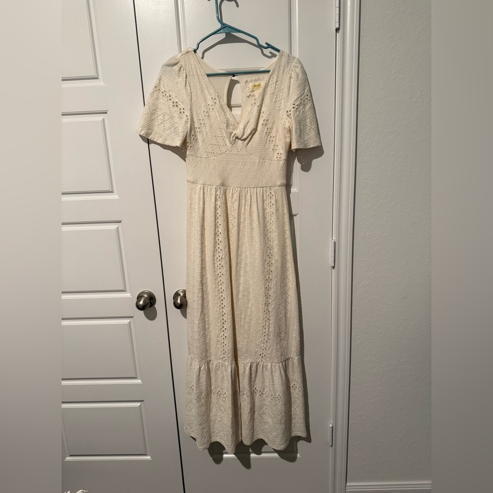 Maeve Anthropologie Cream Eyelet Jersey V-Neck Maxi Dress